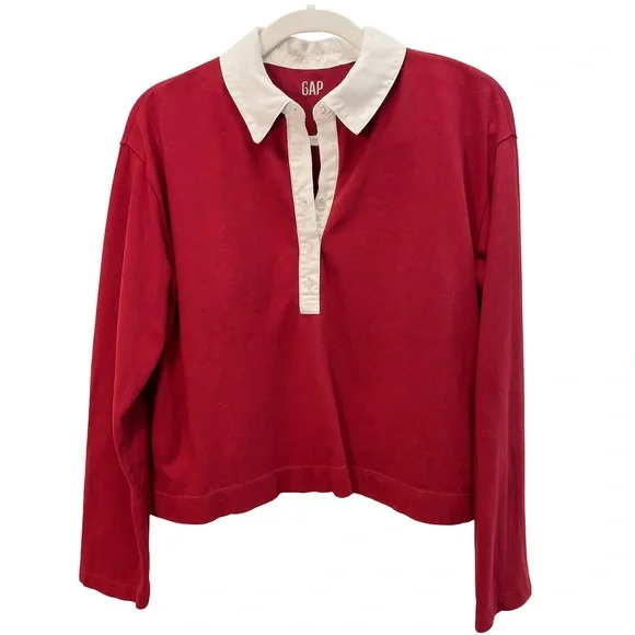 GAP Burgundy Cropped Rugby Polo Shirt White Collar Preppy Fall Top Small - Picture 4 of 9
